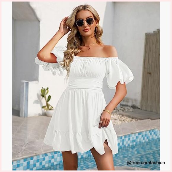 Summer Mini Dress with Square Neck and Tie Back, Off Shoulder Lantern Sleeves - Picture 2 of 7